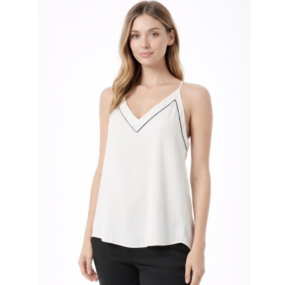 Loft‎ Ivory White V-Neck Camisole Top Black Piping Trim S Resortwear Chic 62-23
